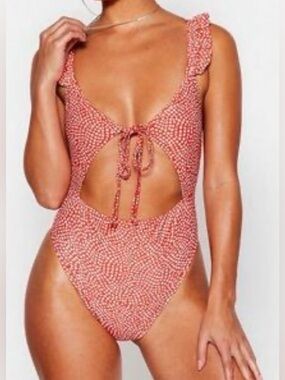 Nasty Gal Red Patterned Cutout One-Piece Swimsuit